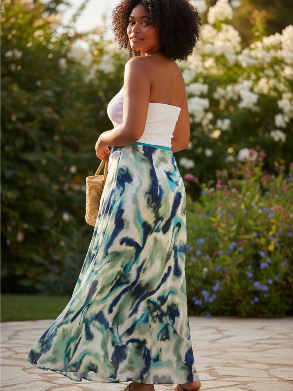 YEST Abstract Blue Green Satin maxi Skirt size 46(16)